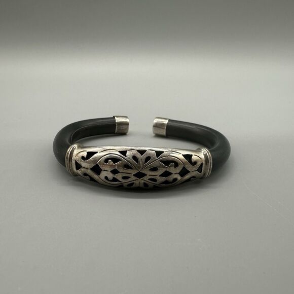 Sterling Silver 925 Artisan Open Cuff Flexible Filigree Bracelet Black Unisex - Picture 1 of 7